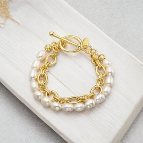 Chunky Freshwater Pearl Double Strand Gold Toggle Bracelet - Picture 1 of 6